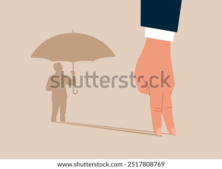 Arm standing with shadow man hand holding umbrella protects against risk. Modern vector illustration in flat style