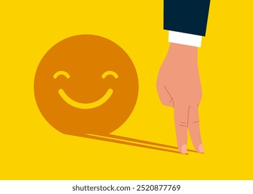 Arm standing shadow of a smiling face emoji reflects leadership.  Modern vector illustration in flat style