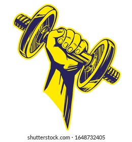 arm, strong hand holding a dumbbell, icon cartoon hand drawn vector illustration sketch