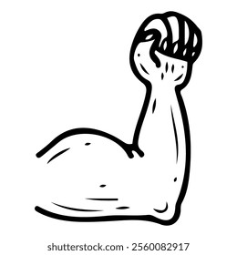 Arm with strong muscles hand drawn doodle. Bodybuilder biceps. Jock. Clenched fist. Elbow. Male body part. Vector line art illustration.