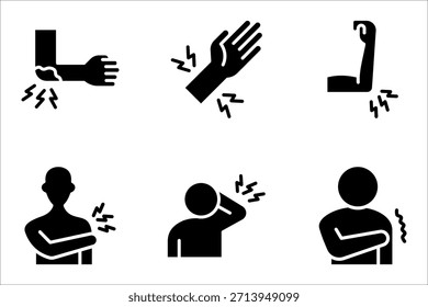 Conjunto de iconos de hinchazón del brazo. Erupción en la mano. Reacción alérgica. Efecto secundario de la vacunación. Ilustración vectorial sobre fondo blanco