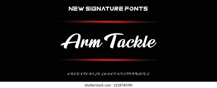 Arm Tackle Hand gezeichnet kalligrafischen Vektormonoline Schriftart. Signaturbriefe für Notfälle. Moderner Schriftzeichen-Kalligrafietyp. ABC Typografie lateinische Beschriftung Alphabet.