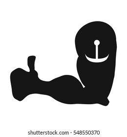 Arm with tattoo of anchor icon in black style isolated on white background. Pub symbol stock vector illustration.