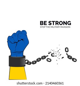 Arm in Ukrainian national flag colors breaks shackles on white background. Stop the War banner. Vector illustration