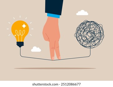 Arm walking away from mess chaos line to simple light bulb idea. Simplify idea to find solution, thinking process or creativity to solve problem. Flat vector illustration