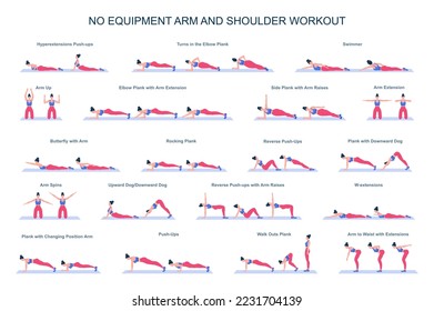 Arm workout set. Collection of exercise for slim and strong arms. Idea of healthy and active lifestyle. Sport woman training without equipment. Physical training program. Flat vector illustration