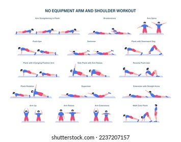 Juego de entrenamiento de brazos. Colección de ejercicios para brazos delgados y fuertes. Idea de un estilo de vida sano y activo. Entrenamiento deportivo sin equipo. Programa de capacitación física. Ilustración vectorial plana