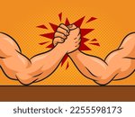 Arm wrestler hands pinup pop art retro vector illustration. Comic book style imitation.