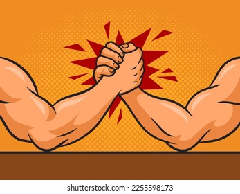 Arm wrestler hands pinup pop art retro vector illustration. Comic book style imitation.