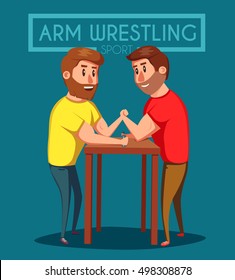 Arm Wrestling. Battle fighters. Cartoon vector illustration. Muscular people. Strong men. Challenge of friends