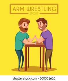 Arm Wrestling. Battle fighters. Cartoon vector illustration. Muscular people. Strong men. Challenge of friends