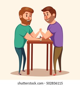 Arm Wrestling. Battle fighters. Cartoon vector illustration. Muscular people. Strong men. Challenge of friends