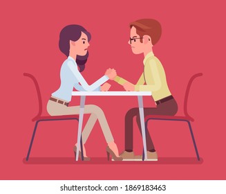 Arm wrestling between two business opponents in competition, man and woman. Strategy to achieve and sustain competitive success, industry professionals battle. Vector flat style cartoon illustration