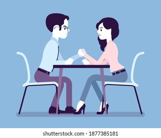 Arm wrestling between two business opponents in competition, man and woman. Strategy to achieve and sustain competitive success, industry professionals battle. Vector creative stylized illustration