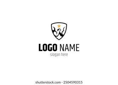 arm wrestling bodybuilding logo in shield shape with stars flat vector design