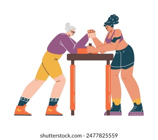 Arm wrestling competition game between older and younger women vector flat illustration. Daughter and grandmother playing arm wrestling on the table isolated. Sport power battle different ages