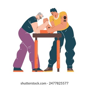 Arm wrestling competition game between older and younger men vector flat illustration. Father and son playing arm wrestling on the table isolated on white. Sport power battle different ages