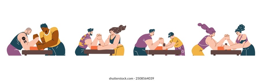 Arm wrestling competition game, young women and men playing arm wrestling on the table vector flat illustrations set. Sport power battle different ages and nationalities