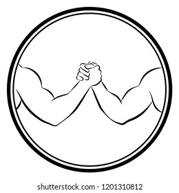 Arm wrestling competition. Isolated round logo outline vector illustration on white background.