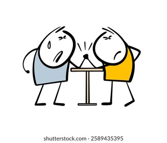 Arm wrestling competitions. Vector illustration two men clenched their fists, muscles tensed, find out who is stronger. Athletes at the championship. Isolated funny characters on white background.