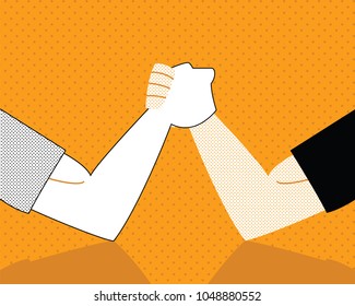 Arm wrestling confrontation. Strong arms. Vector illustration