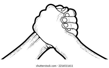 Arm wrestling contest, two hands symbol of brotherhood, strength and competition, vector