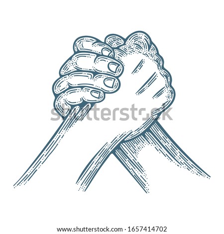 Arm wrestling. Arm wrestling engraving style vector illustration. Part of set.