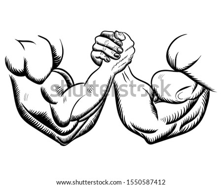 Arm wrestling, fight, combat. Victory, sketch, figure image. vector illustration black on white