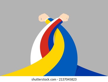 Arm wrestling Hand of Ukraine and Russia flag, Diplomacy conflict crisis war concept, flat design illustration isolated on grey background with copy space, vector eps 10