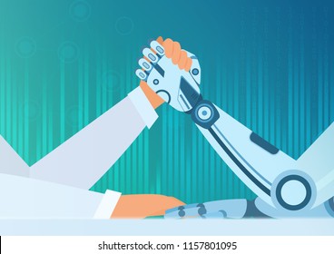 Arm wrestling human with a robot. Artificial Intelligence vector concept. Struggle of man vs robot