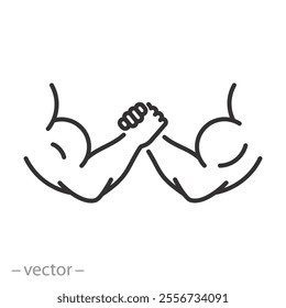 arm wrestling icon, fighting two strong hand, powerful arms competition, thin line web symbol on white background - editable stroke vector illustration eps10