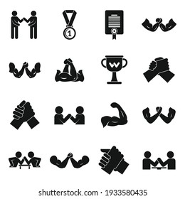 Iconos de lucha armada establecidos. Conjunto simple de iconos vectoriales de lucha de brazos para diseño web sobre fondo blanco