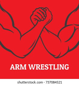 Arm wrestling image, in linear design on red background, vector illustration