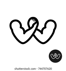 Arm wrestling logo. Letter W sign. Two hands fight icon. Line style man vs man battle illustration.