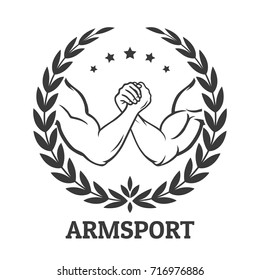 Arm wrestling logo with two men hands, stars and laurel wreath. Vector illustration