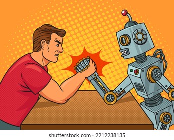 arm wrestling man vs robot pinup pop art retro vector illustration. Comic book style imitation.