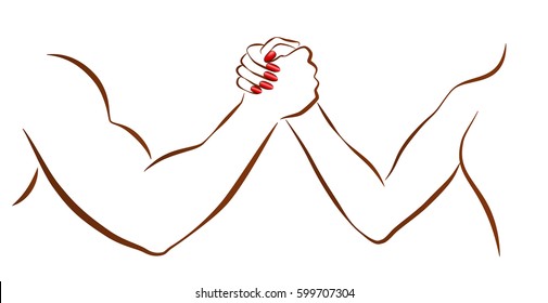 Arm Wrestling Of Man And Woman As A Symbol For Battle Of The Sexes Or Gender Fight. Isolated Vector Illustration On White Background.