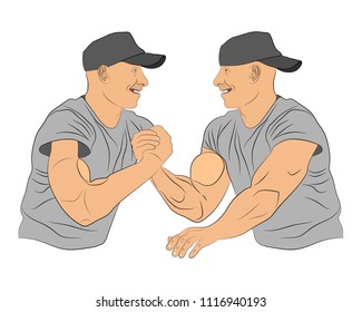 arm wrestling men with muscle hands fight one another. vector illustration