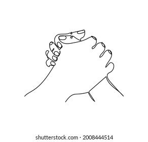 Arm wrestling one line art. Continuous line drawing of gesture, hand, strong handshake.