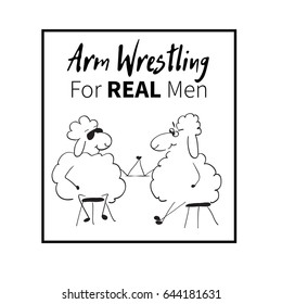 Arm wrestling for real men. Cartoon cute sheep pattern vector illustration. Cartoon doodle sheep in black and white color. Vector print sheep. -stock vector