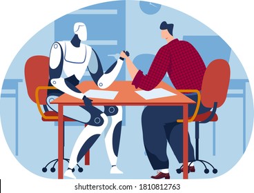 Lucha de armas con máquina de tecnología, hombre humano y futura competencia de inteligencia artificial de robots científicos, ilustración vectorial. El poder robótico futurista y la fuerza de la gente luchan.