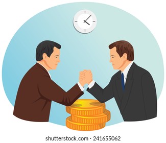 Arm wrestling of two businessmen on the stack of coins