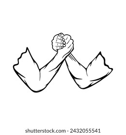 arm wrestling two people with right hand black and white vector illustration