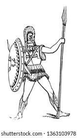 An Arma is a complete suit used by Greek soldiers, vintage line drawing or engraving illustration.