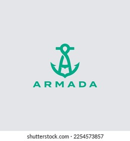 Armada Letter A initial alphabet navy ship marine boat logo green vintage retro design