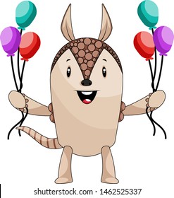 Armadillo with balloons, illustration, vector on white background.