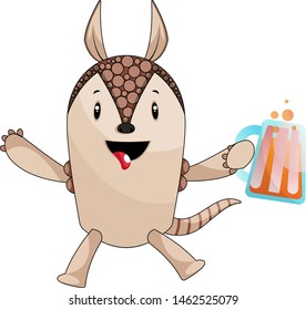 Armadillo with beer, illustration, vector on white background.