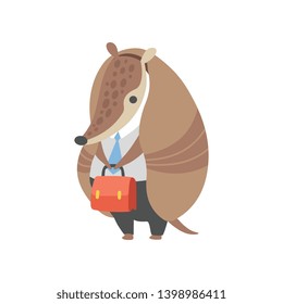 Armadillo Businessman Standing with Briefcase Wearing Business Clothes, Office Worker, Pleistocene Animal Cartoon Character Vector Illustration