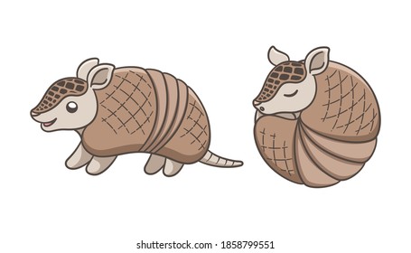 Armadillo cartoon standing and rolled up into a ball poses vector illustration set. Cute animal character design.