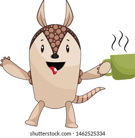Armadillo with coffee, illustration, vector on white background.